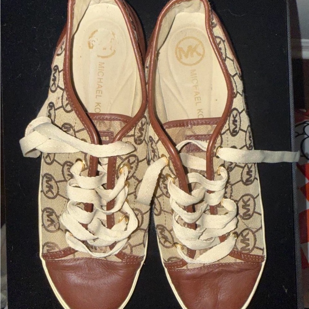 Michael Kors Beige and Brown Logo Canvas Lace-Up Sneakers